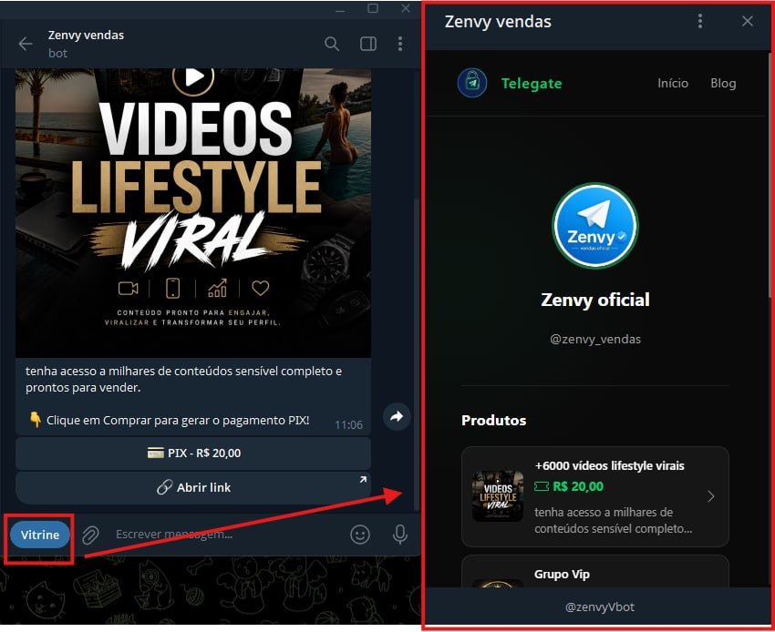 Prévia da vitrine pública (ex.: telegate.pro/u/seu_usuario)